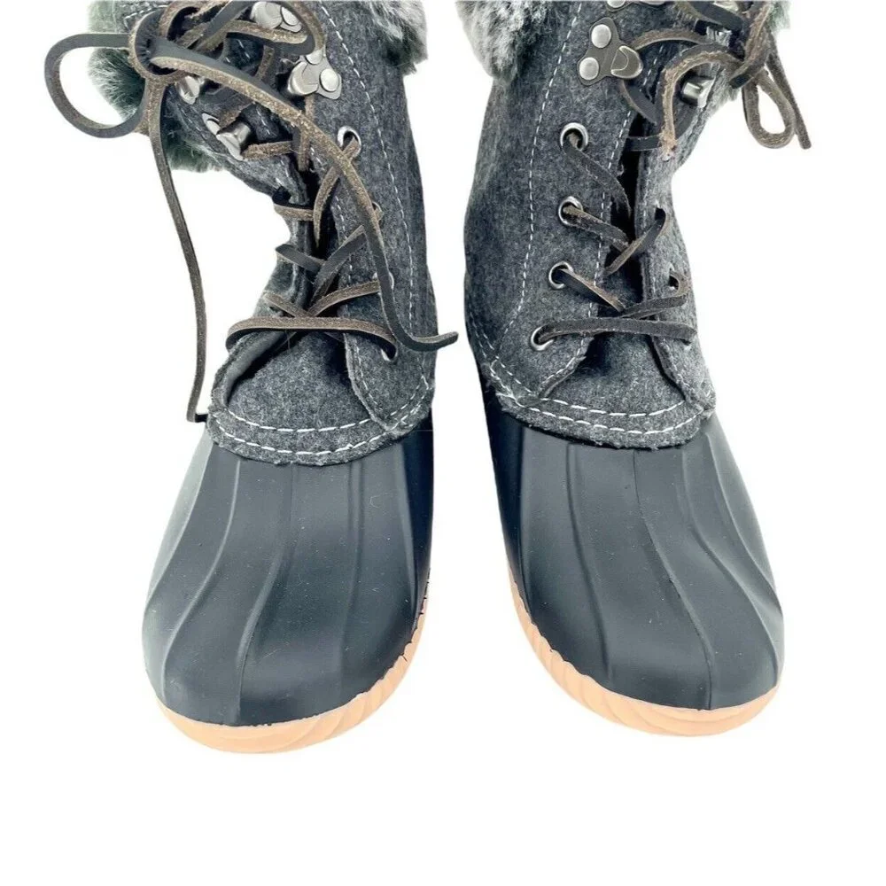 Report Faux Fur Trimmed Tweed Rubber Duck Boots Black Gray SZ 6 NEW